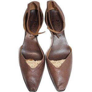 $398 CYDWOQ vintage brown Kitten Heel Pumps Soft Leather USA Handmade 38.5